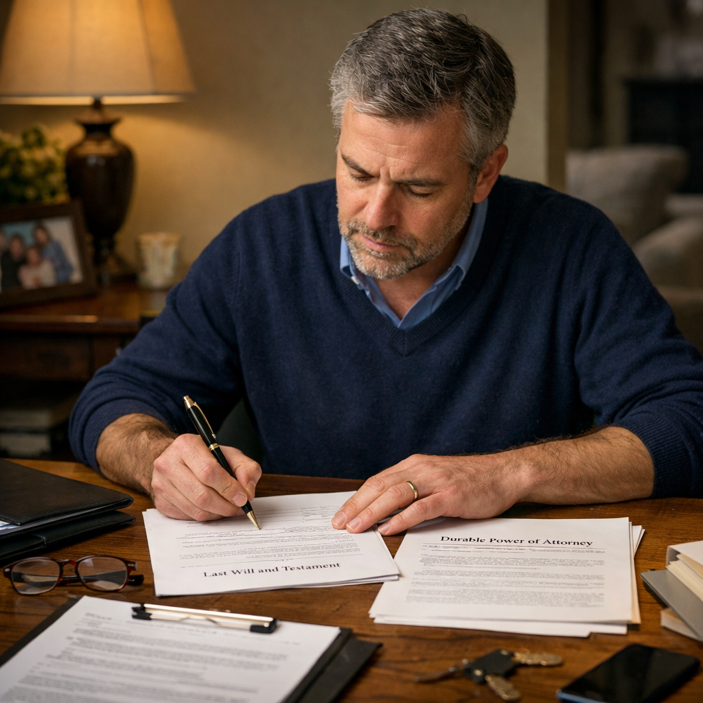 A signer reviewing and signing estate planning documents at a desk.